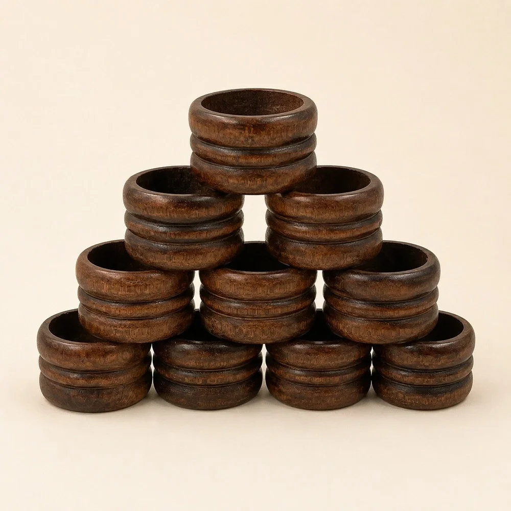 Vintage Turned Wood Napkin Rings Set of 10 Triple Ridge Brown Barrel Rustic Boho